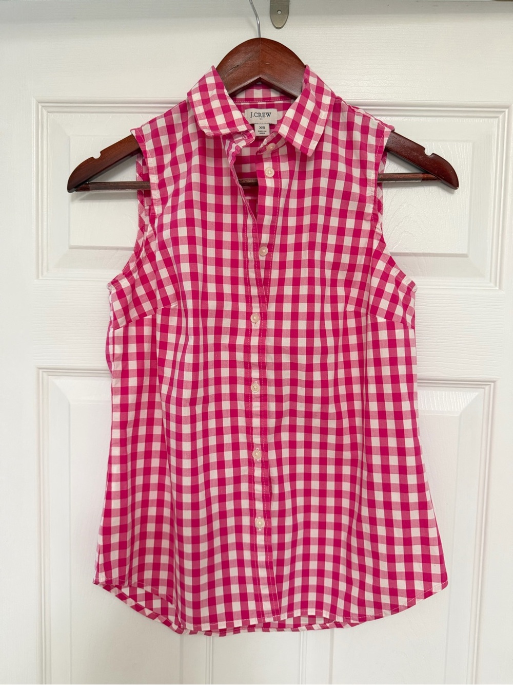 J. Crew Hot Pink and White Gingham Button-Up Blouse